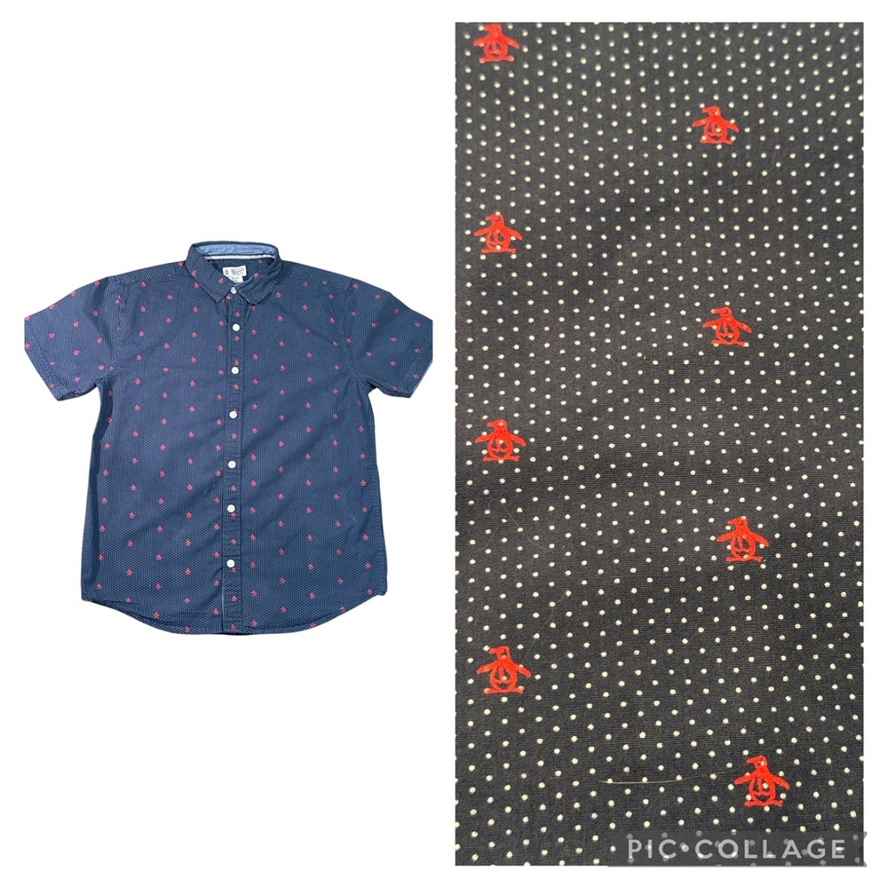 Original Penguin Navy Polka Dot Button Front Shirt Red Penguin Print Boys 14/16